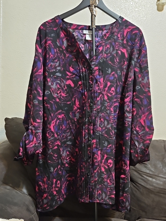 Catherines Tops - Catherines Black Blouse with Pink & Purple Swirl Print